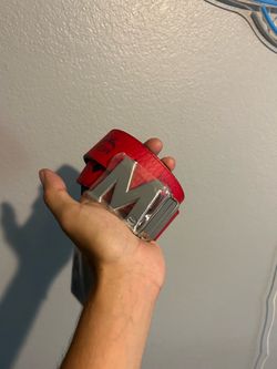 MCM Red Monogram Belt with Silver M Buckle