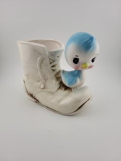 Enesco Vtg Rare Bobble Head Blue Bird  On Boot Planter 