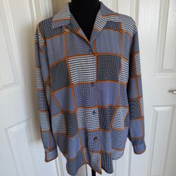 Navy & Gold Long Sleeved Button Down Geometric Houndstooth Blouse Size M