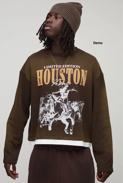 boohooMAN Chocolate Shrunken Boxy Washed Limited Western Faux Layer Hem Printed Sweatshirt (Small)