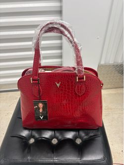 Vanessa Williams Red Crocodile Embossed Satchel Gold Hardware Detachable Strap