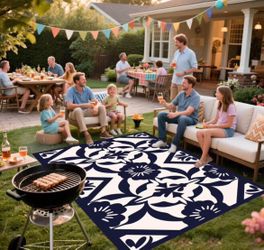 5x8 Waterproof Reversible Stain/Fade-Resistant Plastic Outdoor Area Rug, Navy/Ivory, NEW