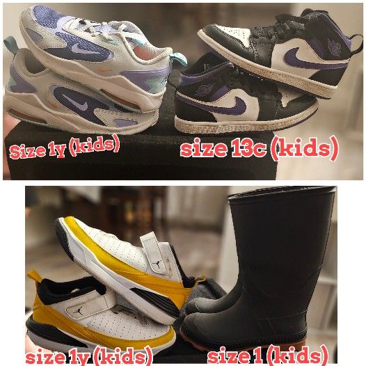 FOR SALE $5 *(Each)* or take them all for $15. I have 4 pairs of kids shoes. Purple Nike are new! Other are used but good condition! Boots 👢 are new!
