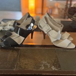 Michael Kors High Heel Sandals Both Size 8, Shiny Black With Gold Accents, White/cream With Silver Accent And Buckle With Wood Grain Heel