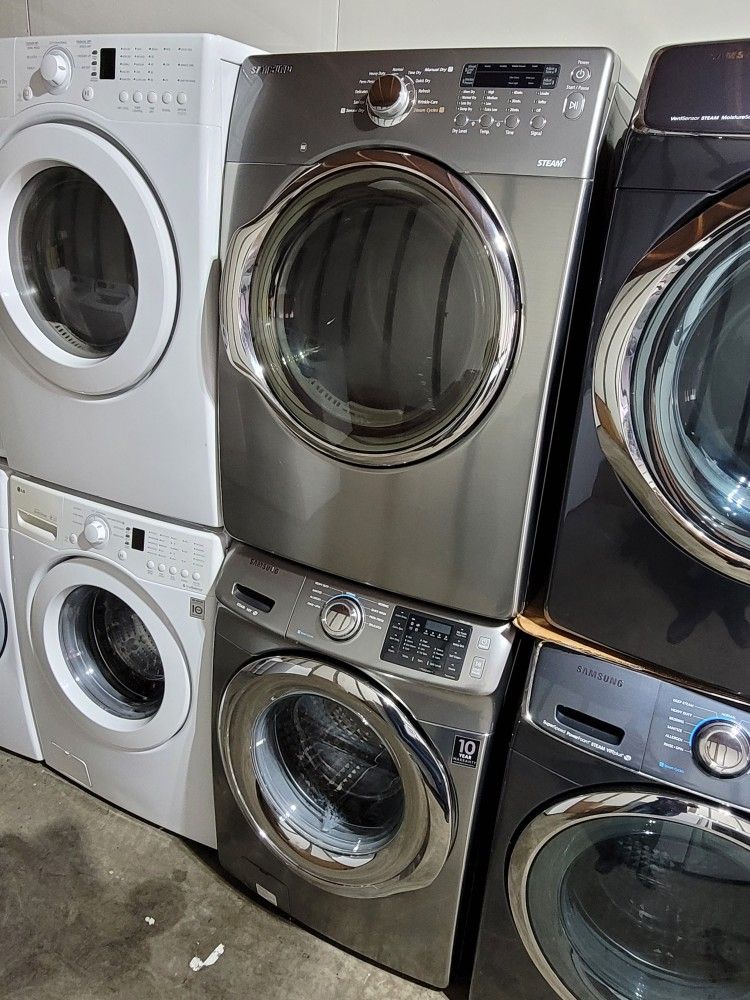 Samsung Front Load Washer And Stackable Gas Dryer Set In Platnum Stainless Steel