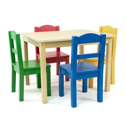 Humble Crew Collection Kids Wood Table & 4 Chair Set, Natural/Primary