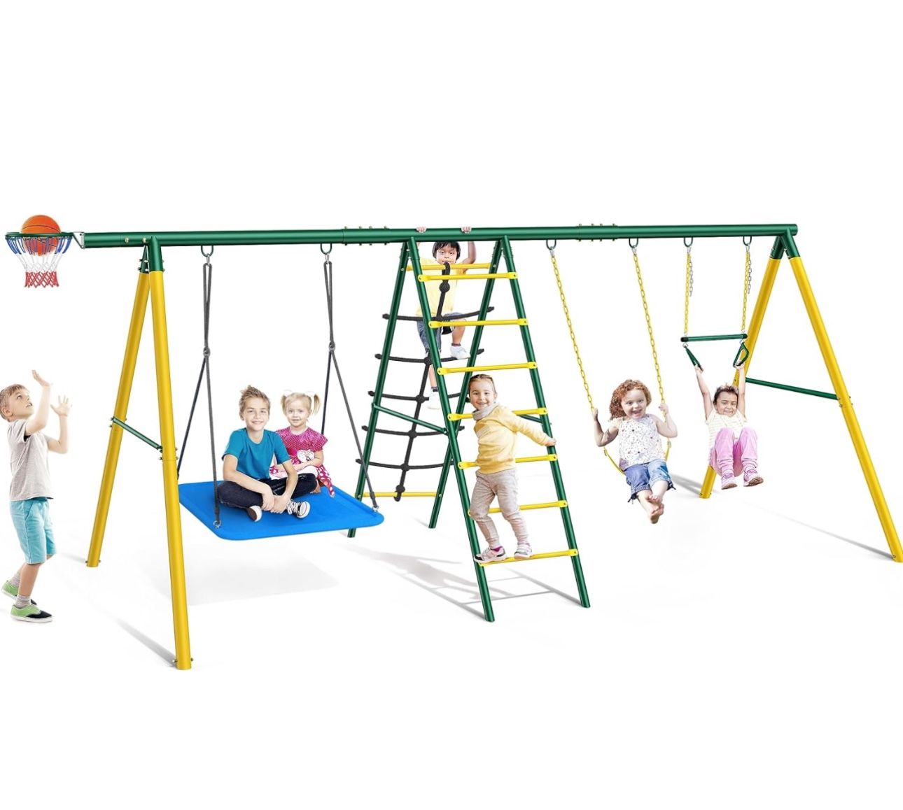 Osoeri Swing Sets for Backyard, 6 in 1 Swing Sets,Heavy-Duty Metal Swing Sets for Backyard with 2 Swings, Climbing Ladder and Nets,Trapeze Bar and Bas