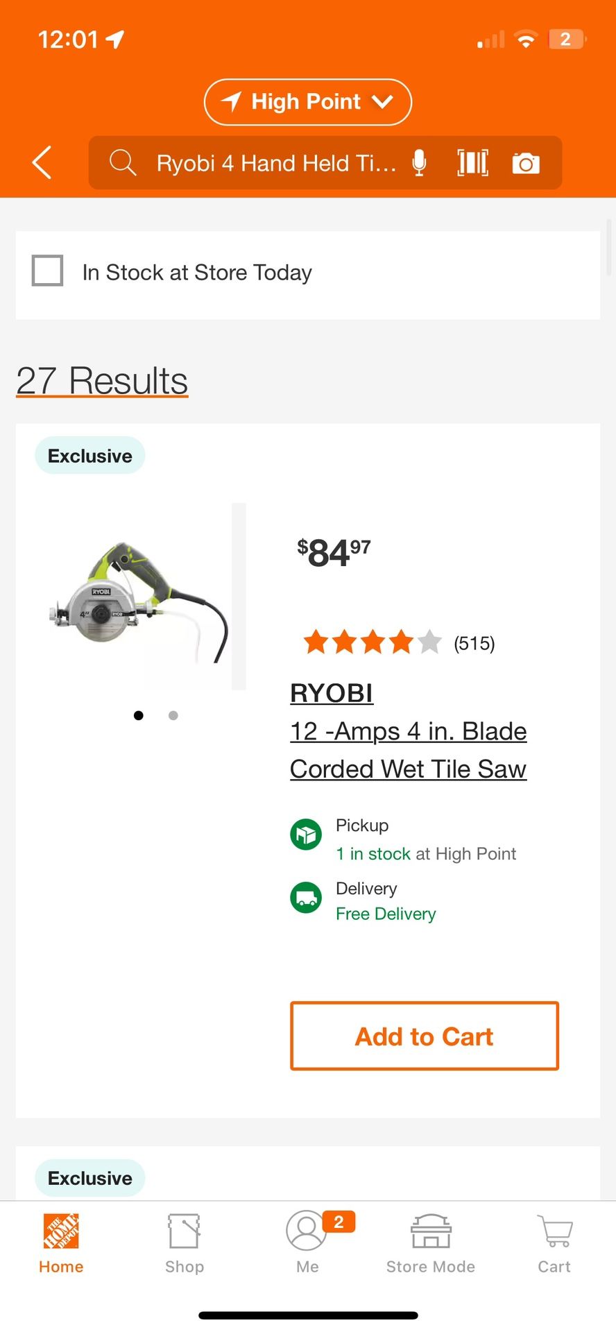 Ryobi 4” Hand held tile saw