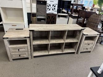🔥 Farmhouse Living Room Set - TV Stand + 2 Nightstands - $220  Body: Brand new 3-piece living room set, fully assembled & ready to go!  ✅ TV Stand: 4