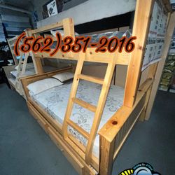 Twin Full Natural Bunk Bed With Mattress Trundle Nueva Cama 