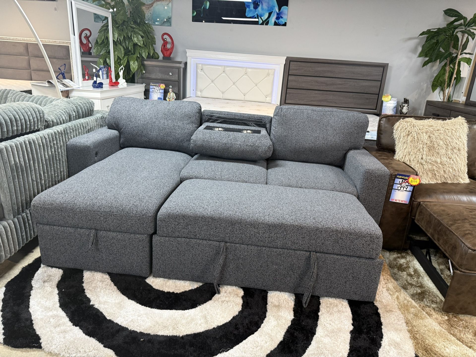 Sleeper Sectional With Storage Chaise And Drop Down Console With USB Charging Only $699!