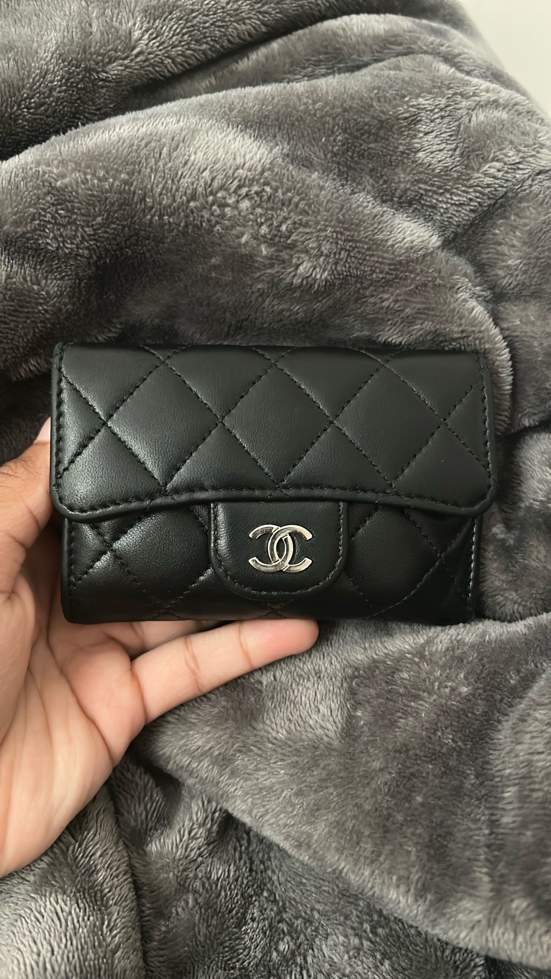CHANEL Black And Silver Quilted Mini Wallet
