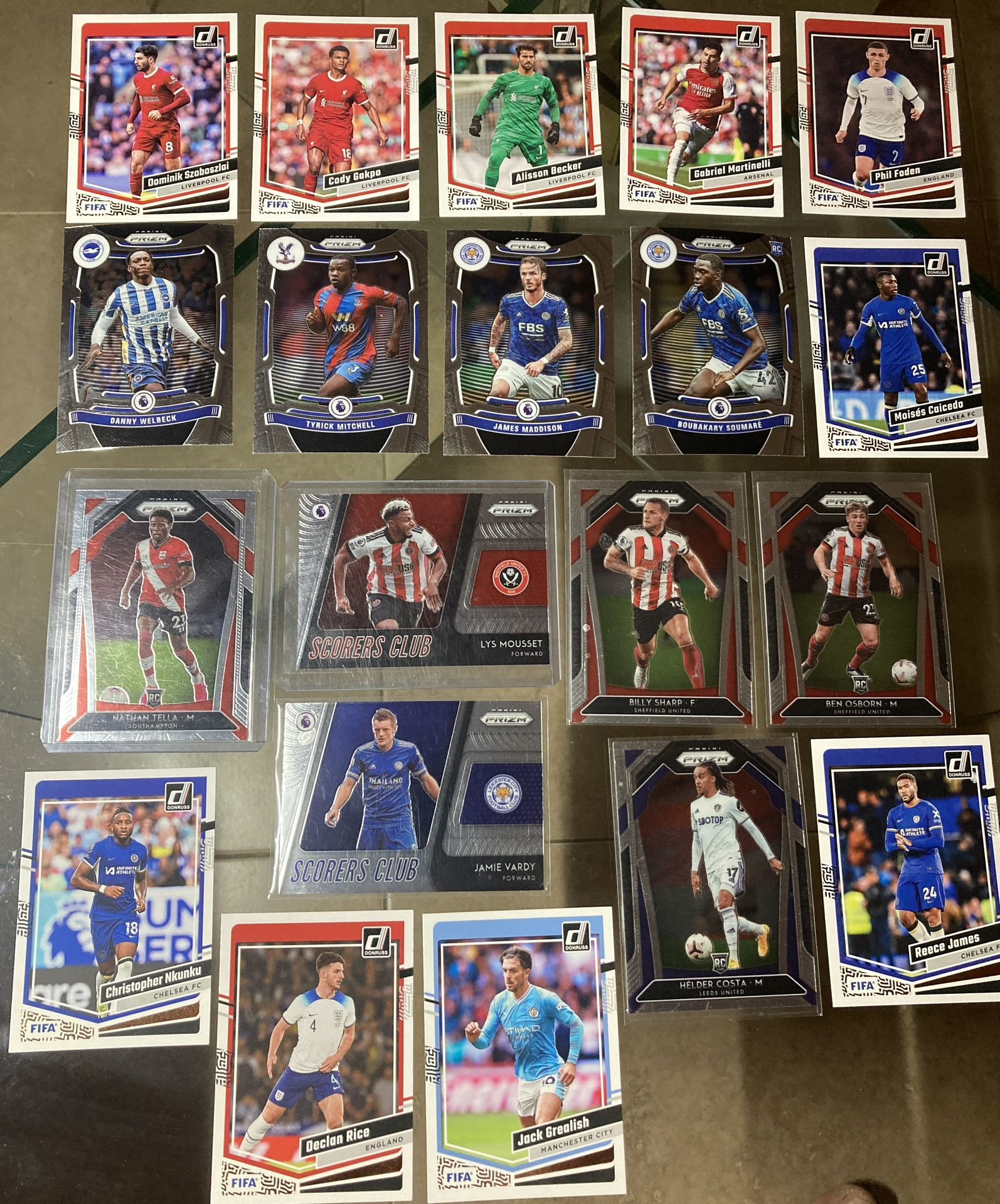 20 card soccer futbol lot Donruss Prizm Premier League Arsenal Man City Liverpool Leicester City Southampton Sheffield United Leeds Chelsea etc . Son
