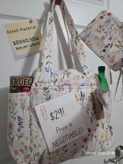 Floral Khaki Cotton Bag medium size tote