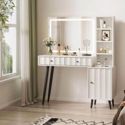 44" W x 55" H Vanity Desk Mirror with Light, Makeup Vanities Large Wave Fluted Dressing Table & 2 Dr