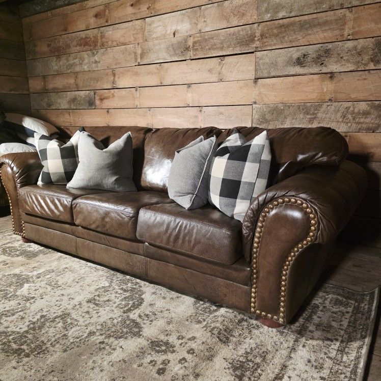 Leather Center Brown Nailhead Rolled-Arm Sofa