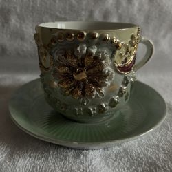 Antique M W Co. Mustache Hand Painted Tea Cup & Saucer Made in Germany
