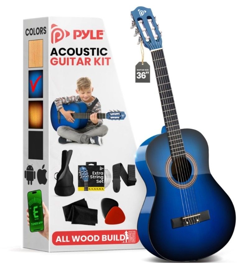 Pyle Beginner Acoustic Guitar Kit, 4/4 Full Size All Wood Build Nylon String Instrument with Capo, Strap, Extra String Set, Gig Bag, Guitars for Begin