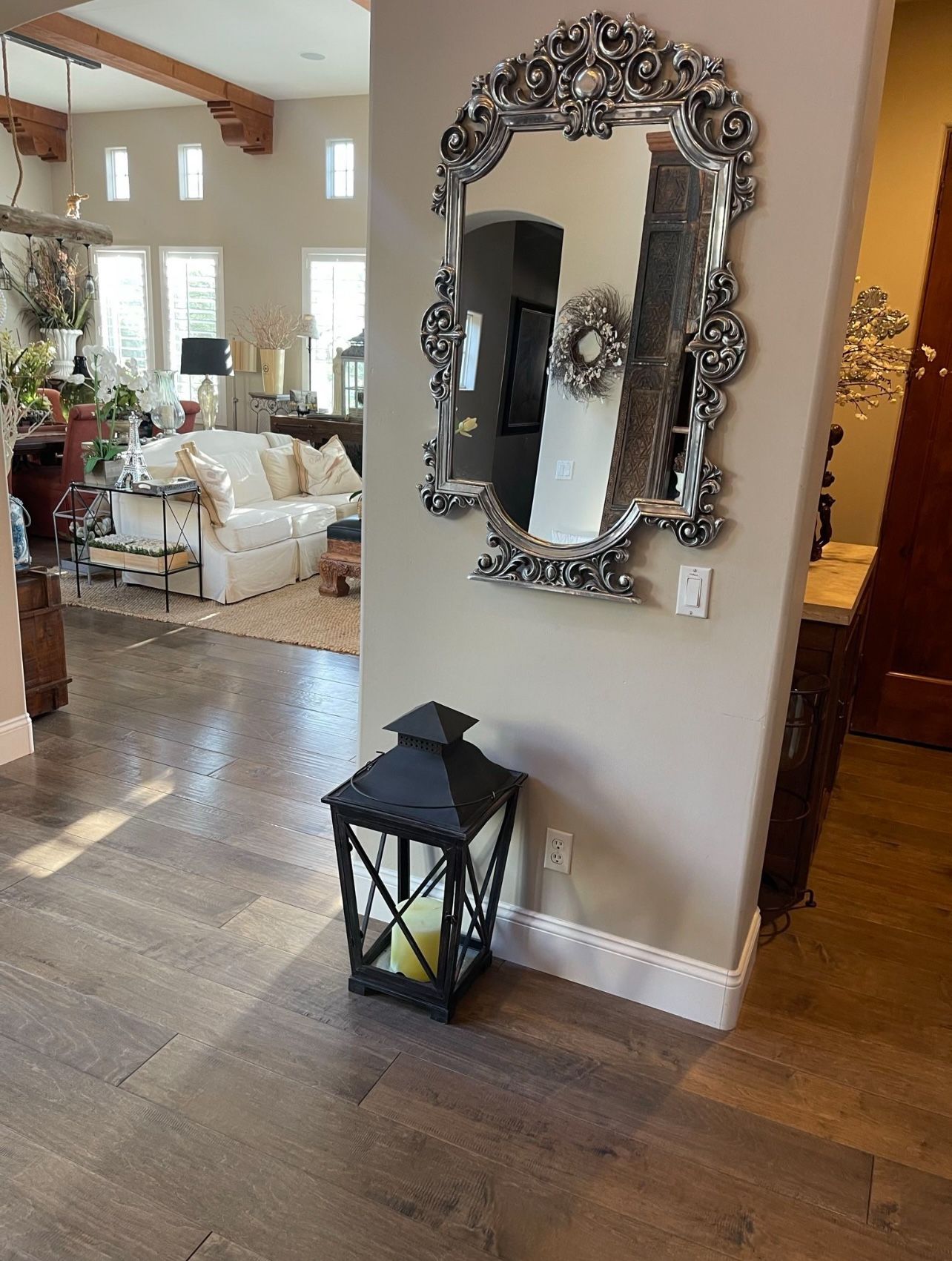 Pottery Barn Large Dark Gray Wood and Metal Lantern 