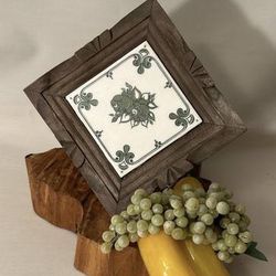 Vintage Carved Wood And Tile Floral Trivet