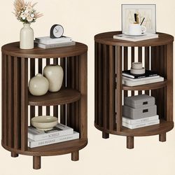 Round End Table, Wood Bedside Table, Mid Century Modern Nightstand with Open Storage Shelf, 3 Tier Small Side Tables for Living Room, Bedroom, Curved 
