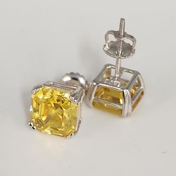 925 Sterling Silver Yellow Asscher Cut CZ stud Earrings