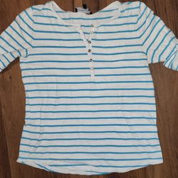 Womens Sz S Jones New York White and Blue Striped Roll-Tab Sleeve Short in Gently Worn Condition