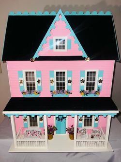 Vermont Farmhouse Dollhouse in Pink, Teal and White