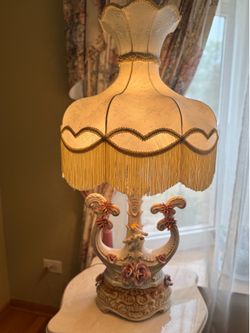 Pair of Vintage Victorian Porcelain Table Lamps w/ Fringe Shades & Cherub Floral Design