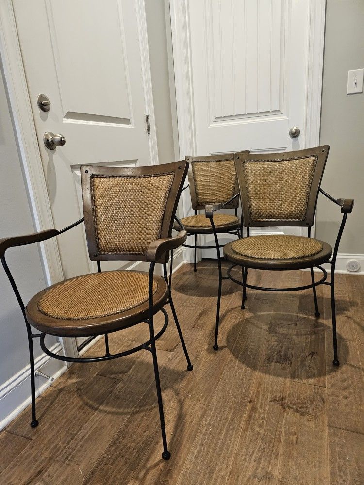 Three Frontgate Chairs Iron , Wicker N Wood. 33" H, Seat 18" H. One Chair Retails 240