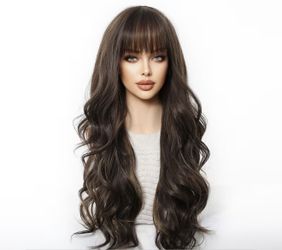 Long Brown Wavy Wig with Bangs – 24
