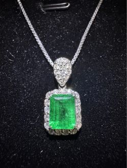 NATURAL Colombian Green Emerald 1.12CT Platinum & Diamond Necklace