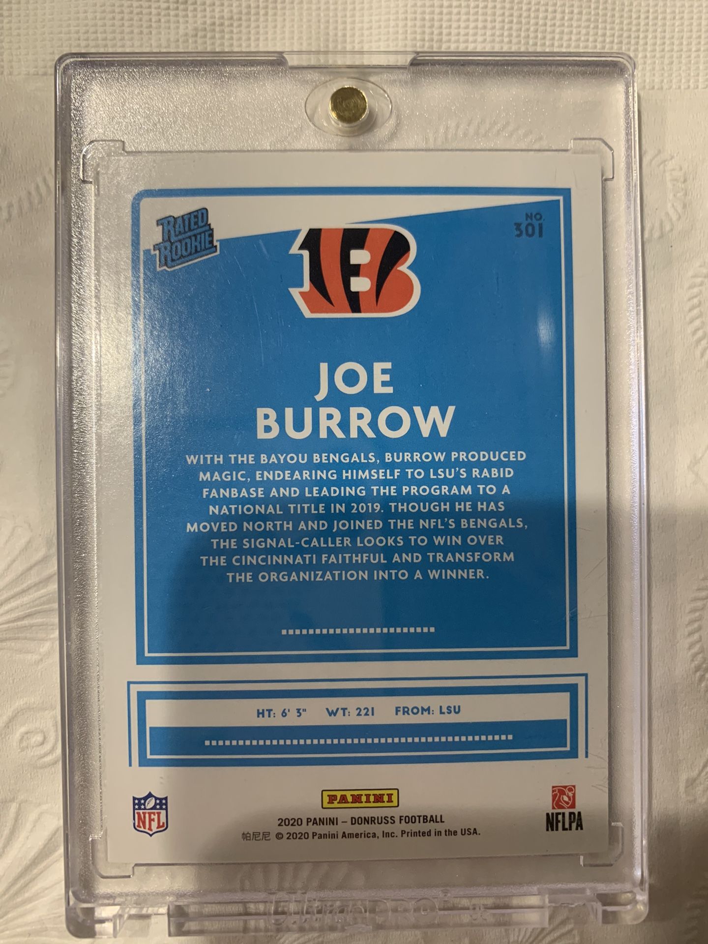 JOE BURROW, 2020 PANINI DONRUSS ROOKIE CARD #301