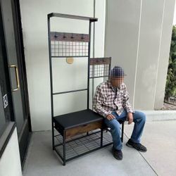 New In Box 40x16x71 Inch Tall Garment Clothing Hanging Rack Shelf Shoe Storage Rack Cushion Bench And Drawer Rustic Brown 