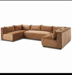 Sofa Sectional L shaped Modern Brown Tan Camel Cognac Velvet - Like NEW