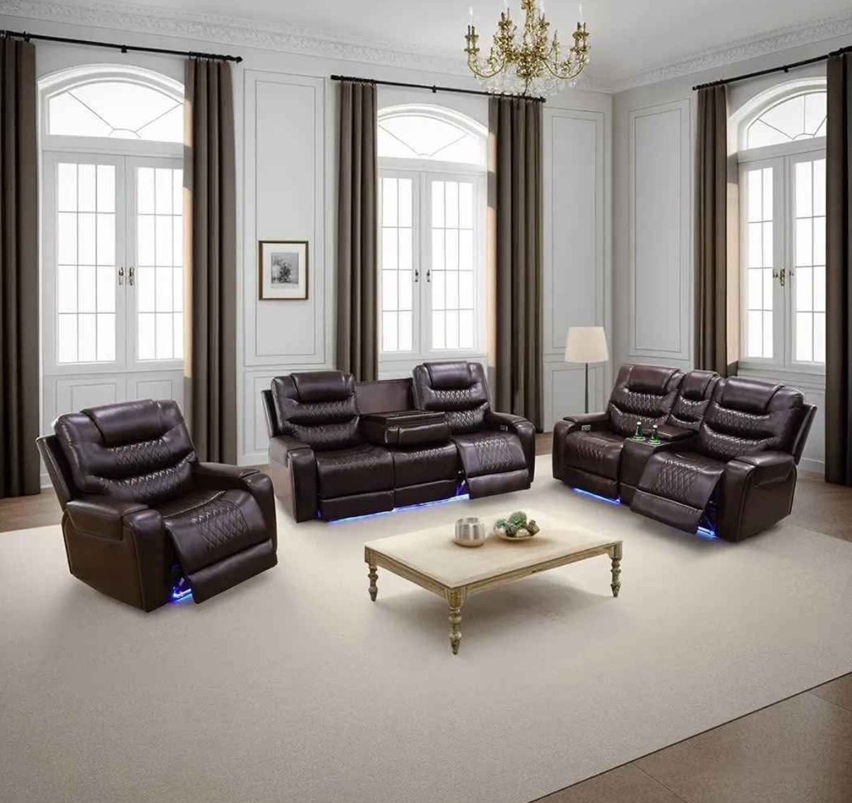 New Brown Leather Power Reclining Couch Set