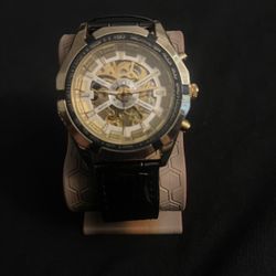 "Men's Automatic Skeleton Watch - Gold/ Black Leather Strap"