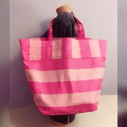 Victoria’s Secret pink stripe beach bag weekender tote shopper NEW $20