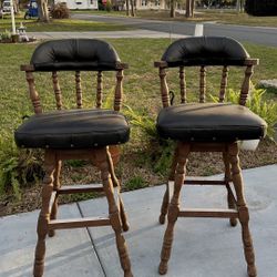 2 VINTAGE WOODEN BARS SWIVEL STOOLS DARK BROWN LEATHER CUSHIONS