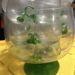 Green Glass Punch Bowl With Cups And Ladle