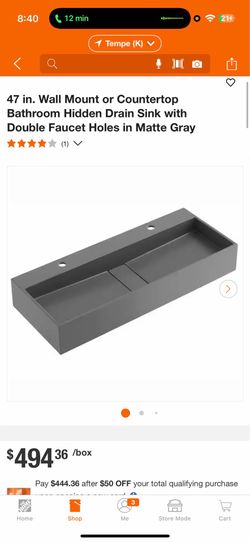 47 in. Wall Mount or Countertop Bathroom Hidden Drain Sink with Double Faucet Holes in Matte Gray $160