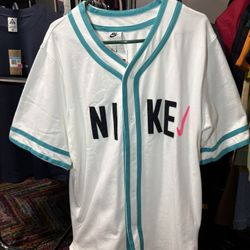 NWT Nike Men Large Button Up Baseball Jersey White Blue Skeleton Pink Swoosh NEW