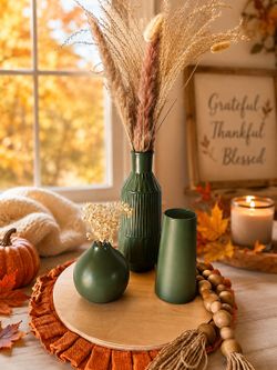 Fall Olive Green Vase Set with Dried Florals – Set of 3