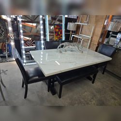 6- Pieces Black Leather Top marble dining set