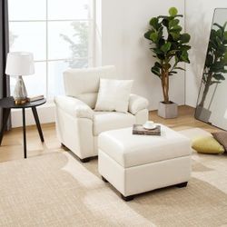 White Sofa Chair With Rectangle Faux Leather Ottoman with Storage, Footrest Stool Coffee Table for Living Room
