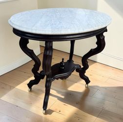 Vintage Victorian Style Marble Top Parlor Table with Carved Mahogany Base - 33x21x29 ½”