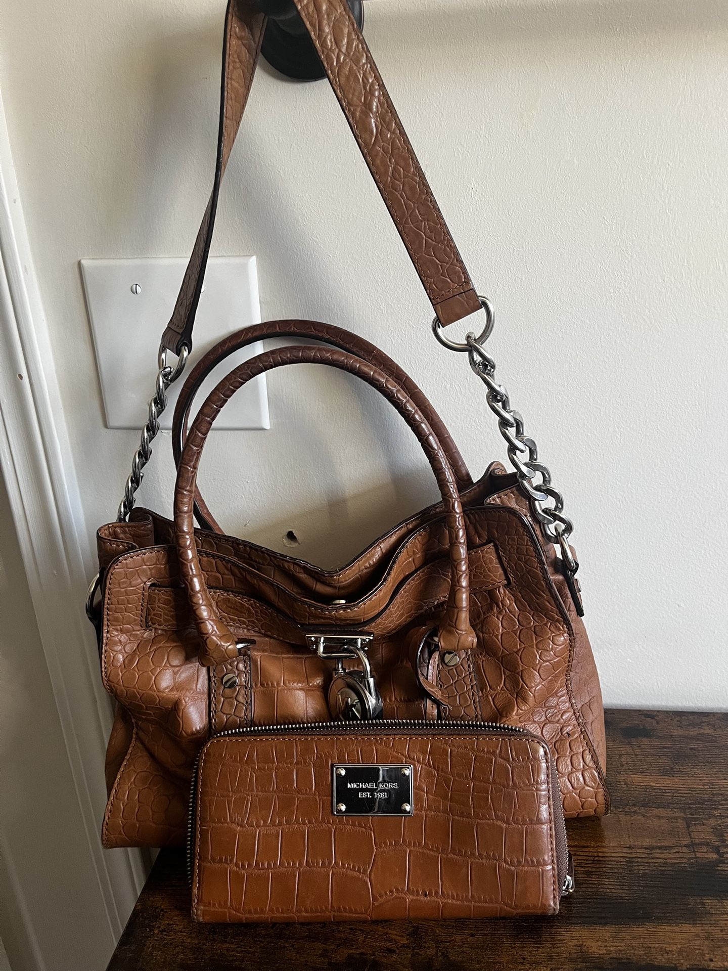 Michael Kors Hamilton Genuine Leather Bwn Satchel Shoulder Bag Purse With Wallet