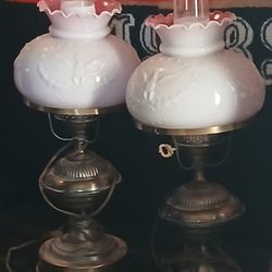 Vintage Antique Electrified Brass Hurricane Oil Lamp With Eagle Milk Glass Shade