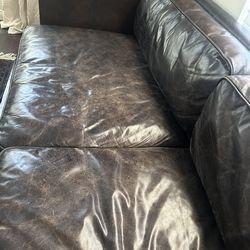Restoration Hardware 8ft Luxe Collins sofa in distressed dark brown leather and nailhead trim