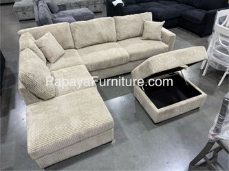 105”L Reversible chaise couch. New! Camel Plush Sectional And Storage Ottoman, Sectional Couch, Sofa, Reversible Sectional, Couch, Brown Sectional, Re